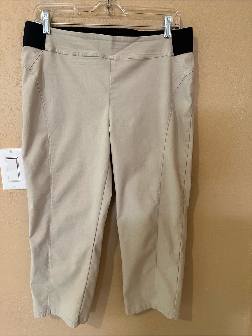 Vera Wang Tan capris. Nicely detailed. Elastic banded waist.